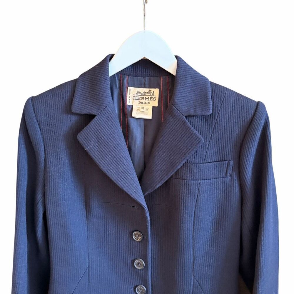 Hermès Paris Vintage Y2K Women’s Navy Pinstripe Wool Coat Blazer SZ EU 38 / US 6 - Picture 3 of 15